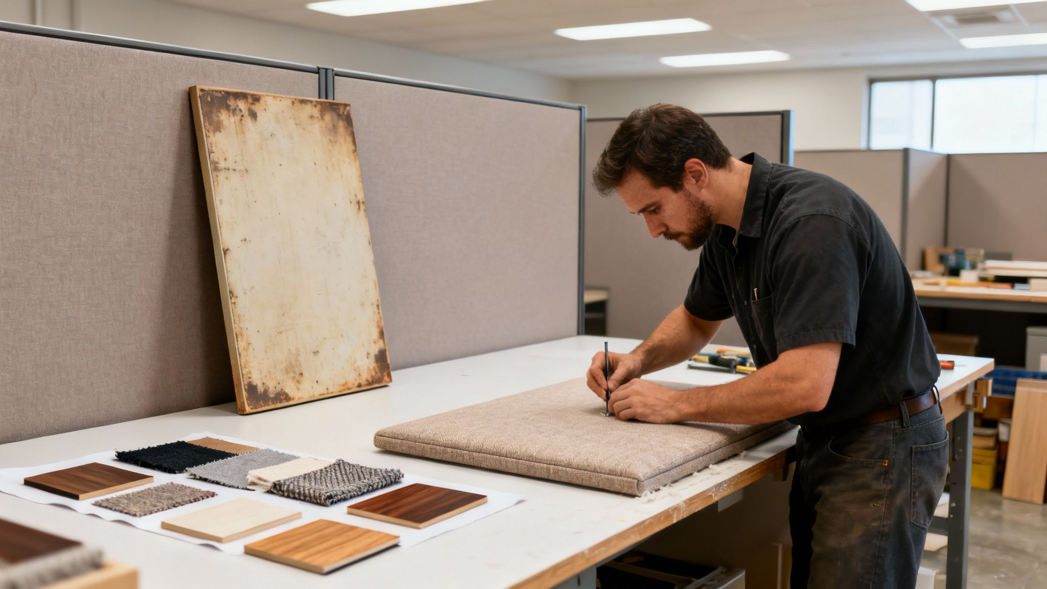 A furniture professional reupholsters a used office cubicle panel, with fabric and wood samples on a workbench.