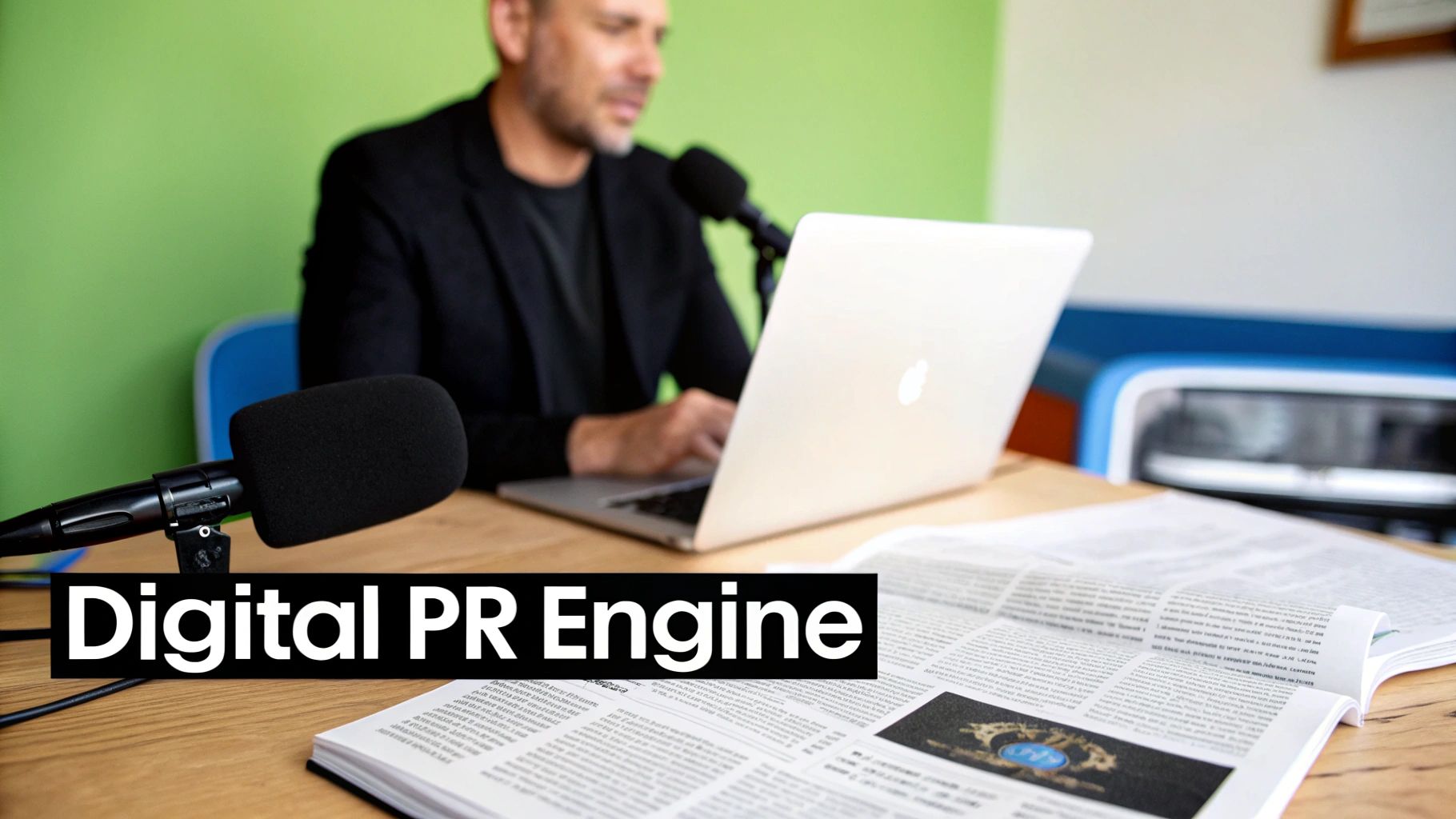 A man works on a laptop next to a microphone, with a newspaper and 'Digital PR Engine' text, representing a digital PR link earning strategy.