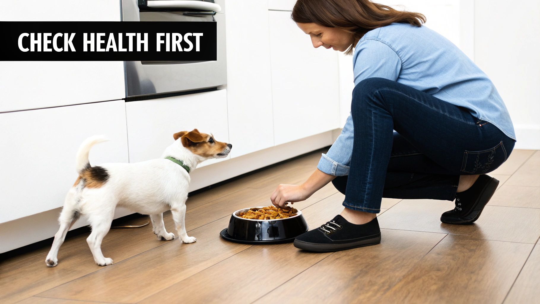A calm dog eating from its bowl in a quiet corner of a kitchen.