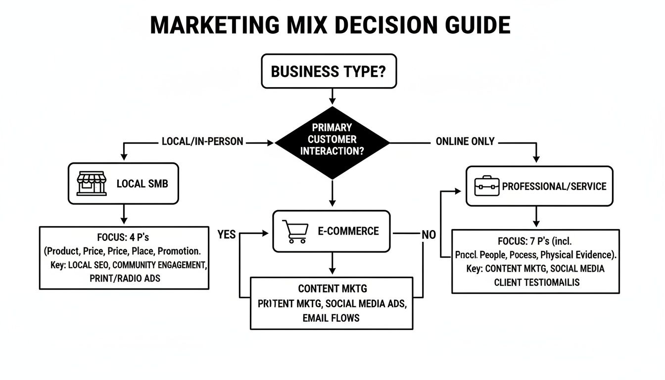Flowchart guiding marketing mix decisions between digital vs traditional marketing based on business type and customer interaction.