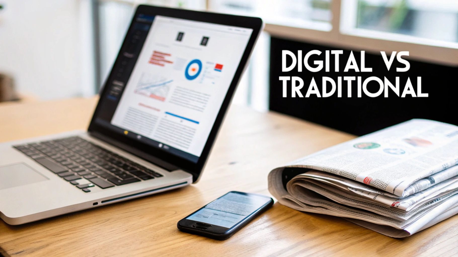 Laptop, smartphone, and newspapers on a desk with 'DIGITAL VS TRADITIONAL' text, a visual for digital vs traditional marketing.