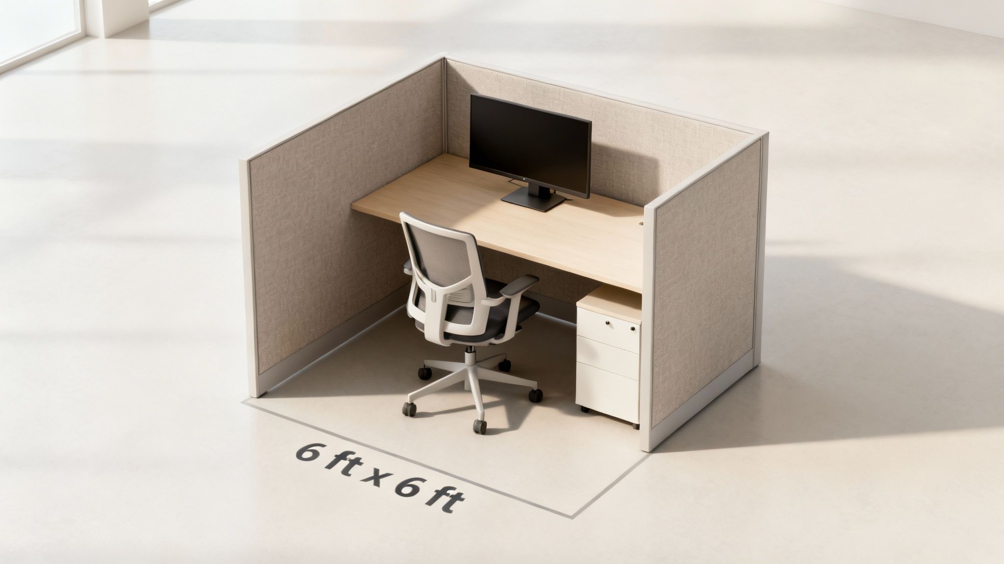 An empty office cubicle, 6 ft by 6 ft, featuring a desk, chair, and monitor, representing the typical office cubicle size.