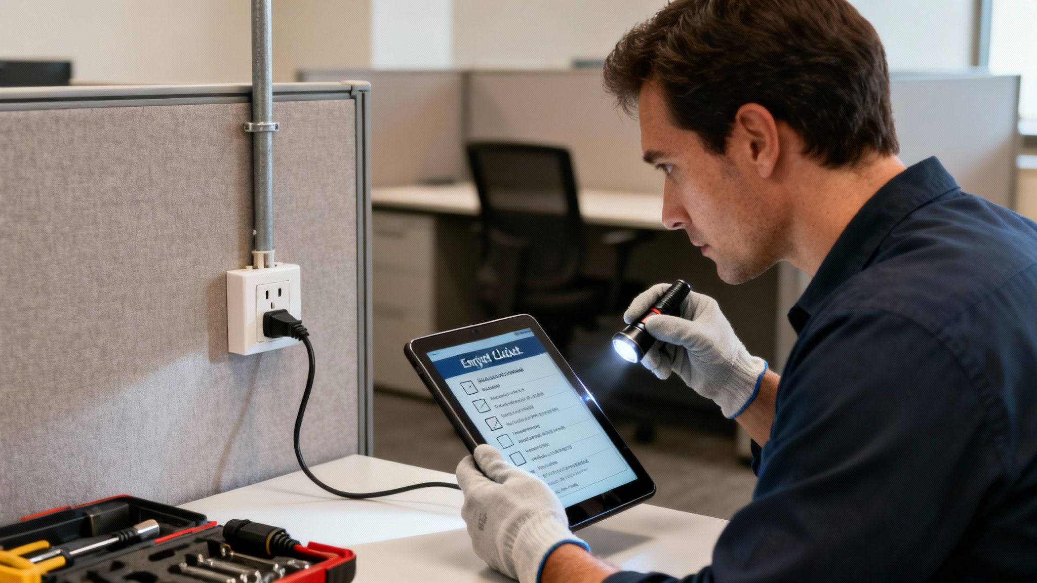 A man in work gloves inspects an office cubicle power outlet with a tablet and flashlight.
