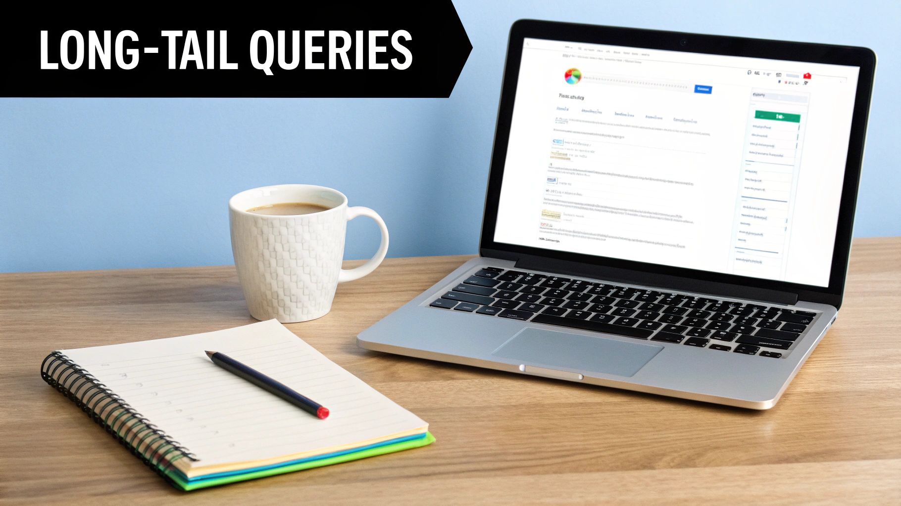 Laptop on a desk displaying long-tail keywords for optimizing 'voice' and 'near me' queries.