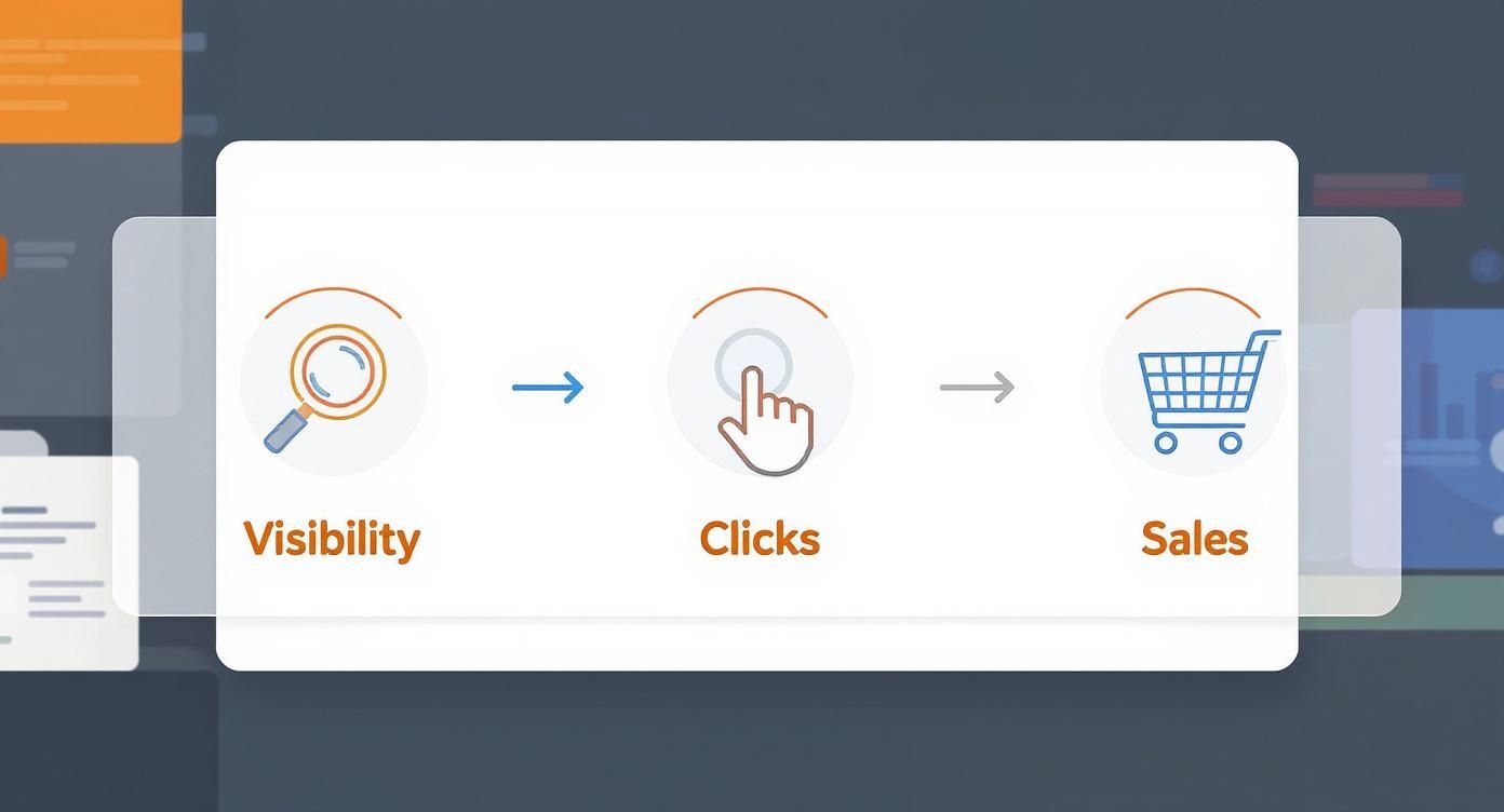Infographic showing the Amazon listing optimization process from visibility to clicks to sales.