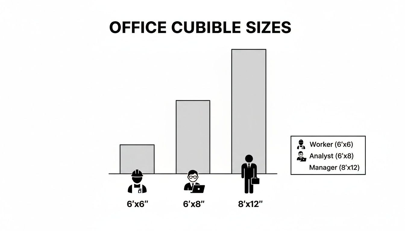 A bar chart illustrates typical office cubicle sizes: 6'x6" for Workers, 6'x8" for Analysts, and 8'x12" for Managers.