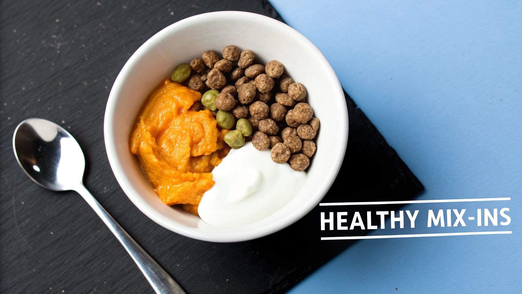 A spoonful of wet dog food being mixed into a bowl of dry kibble.