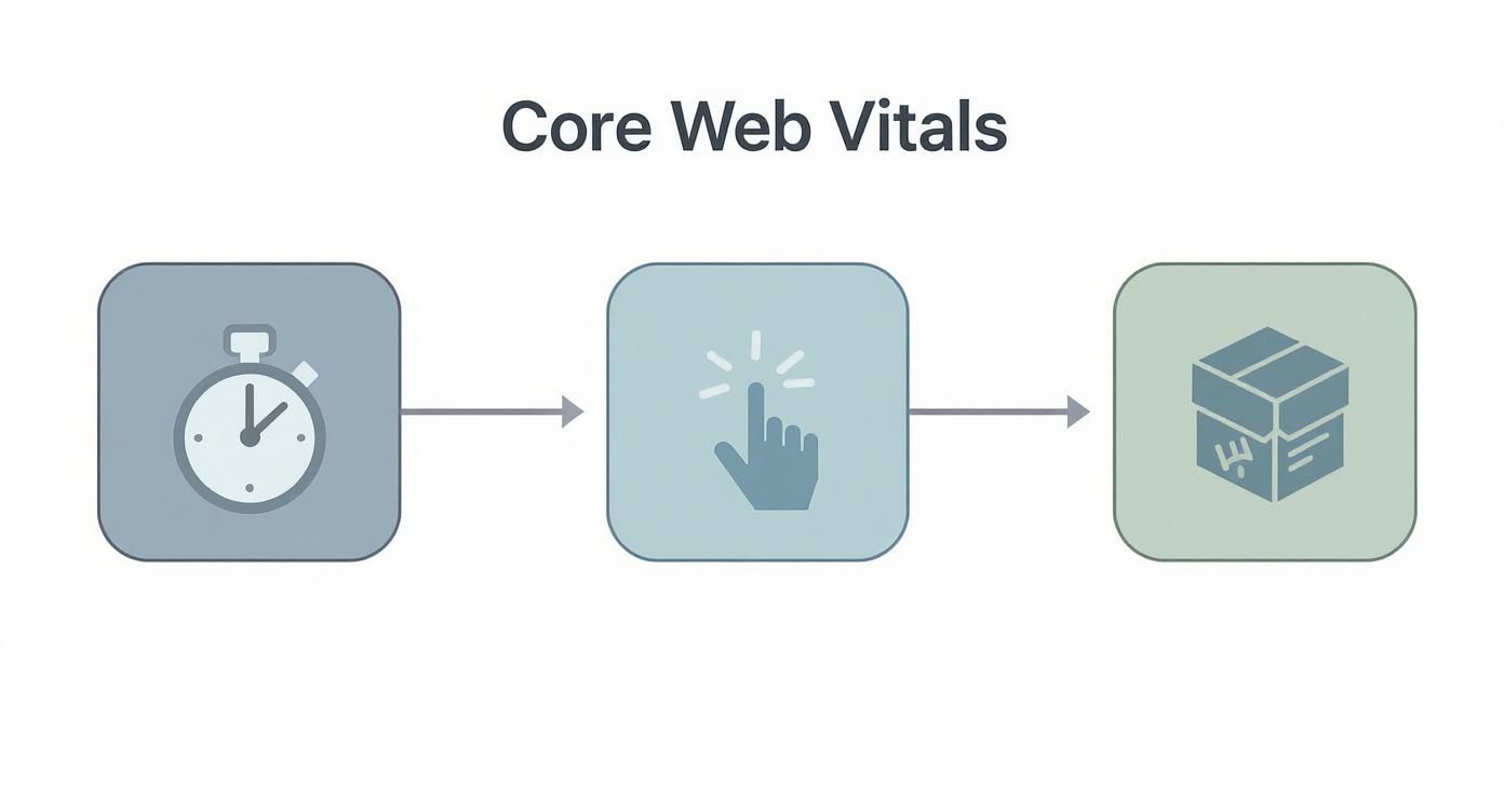 Core Web Vitals diagram with metrics for loading speed, interactivity, and visual stability