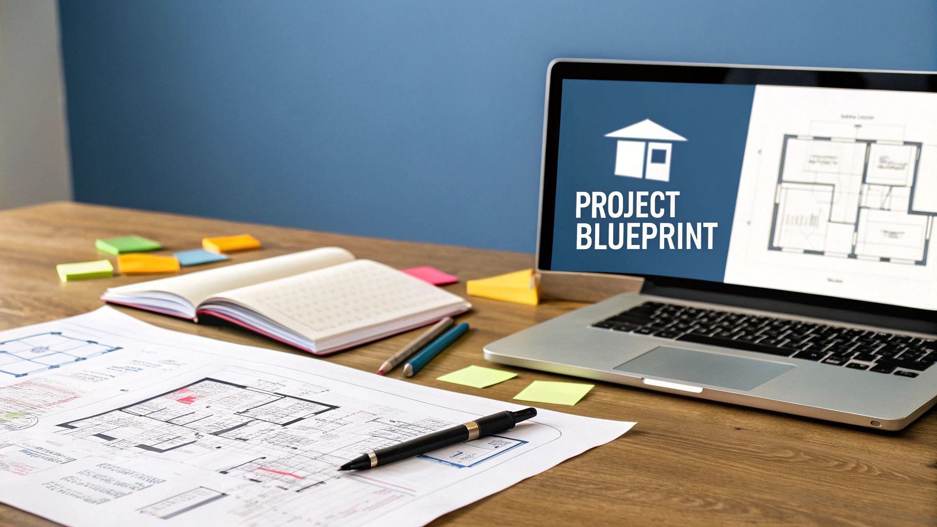 A desk with architectural blueprints, a laptop showing 'Project Blueprint', a notebook, and sticky notes illustrating the stages of web development.