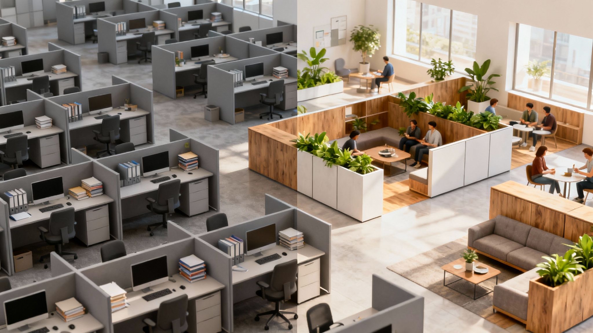 A bright, modern office with low-walled cubicles, promoting an open and collaborative atmosphere, showing an example of modern office cubicle design.