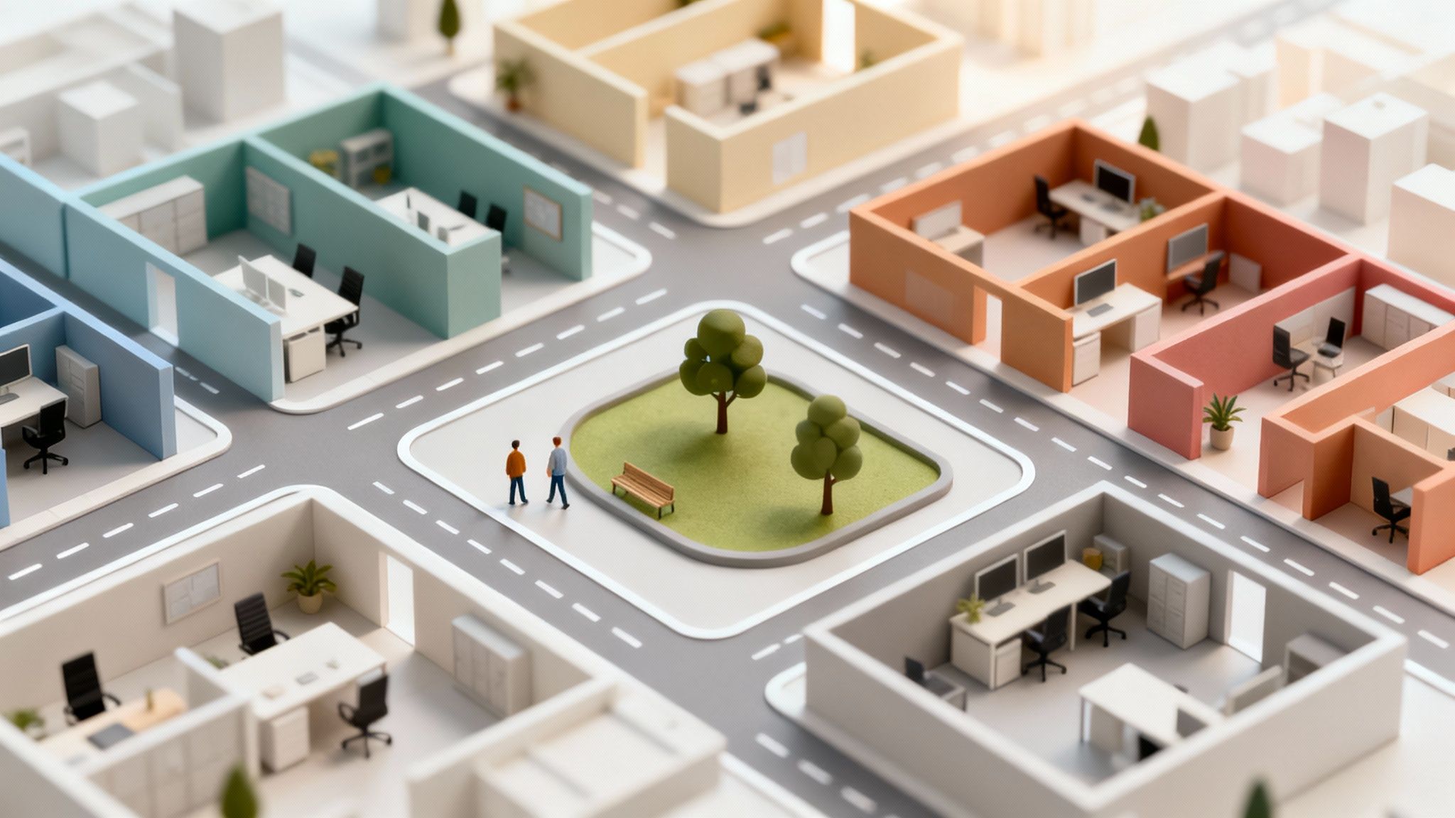 An isometric view of a miniature city with various open-plan offices, roads, and a central park, illustrating the concept of office space planning.