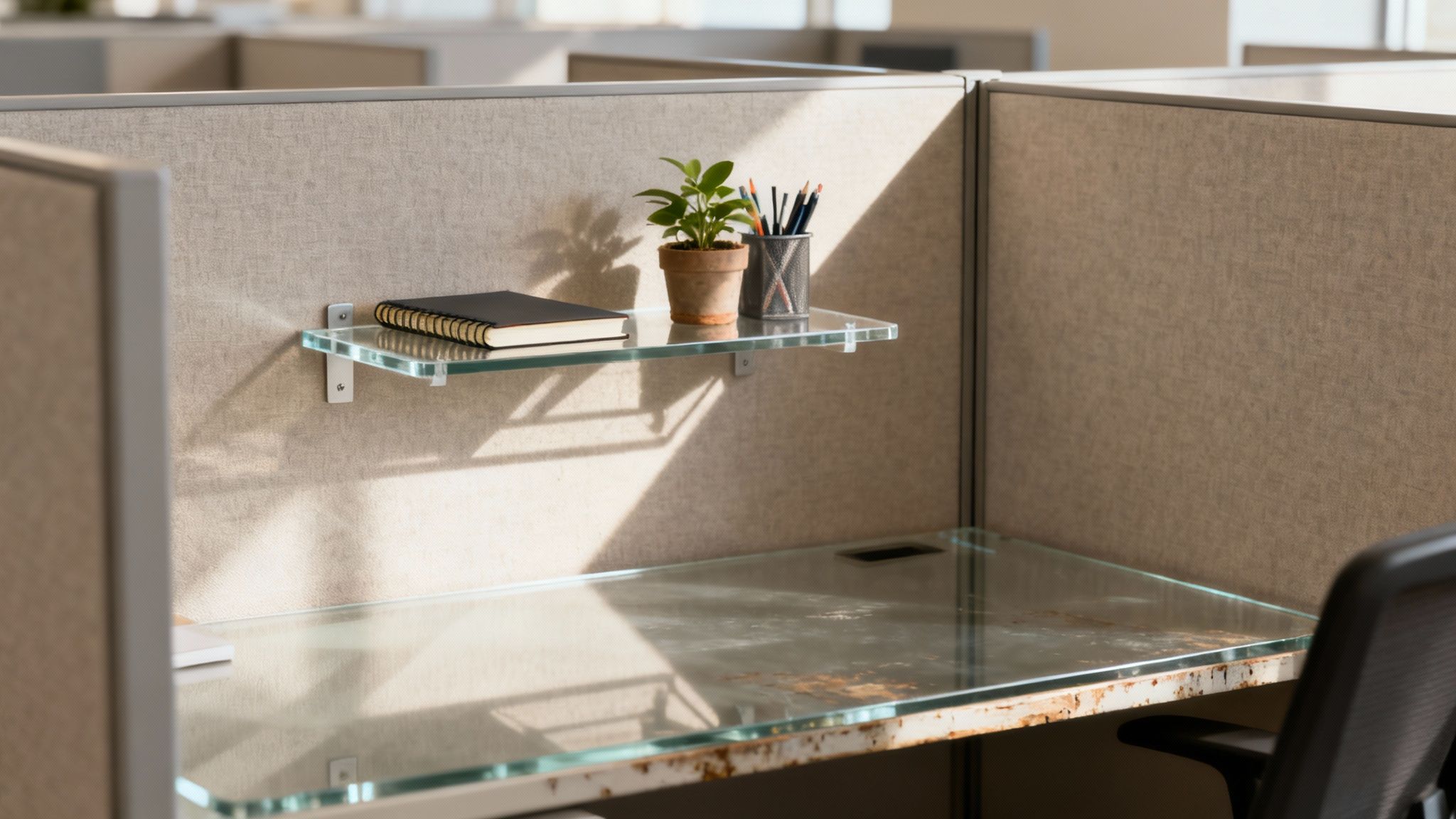 An organized cubicle with sleek metal hanging shelves displaying books and office decor.