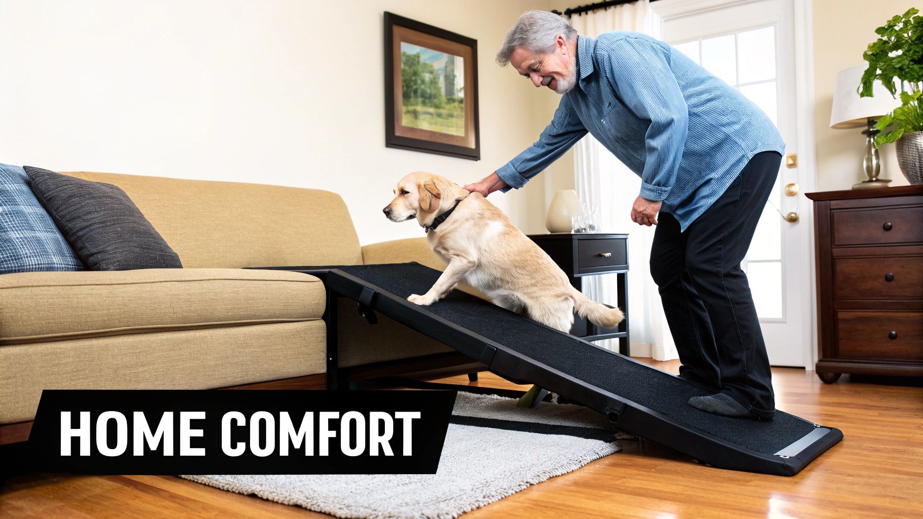 A senior man gently guides a golden retriever up a black pet ramp towards a comfortable tan couch.