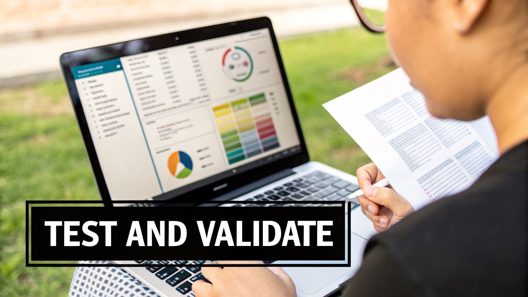 A person works on a laptop displaying data visualizations and charts, while holding a document outdoors, with text overlay: TEST AND VALIDATE. Alt Text: What is structured data in SEO testing and validation.