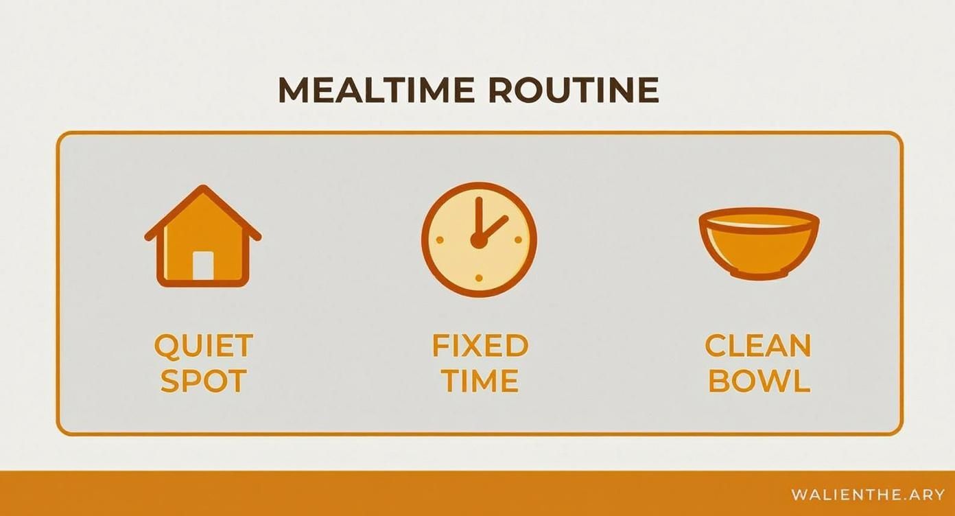 An infographic showing the three pillars of a good mealtime routine for dogs a house icon for a quiet spot, a clock icon for a fixed time, and a bowl icon for a clean bowl.
