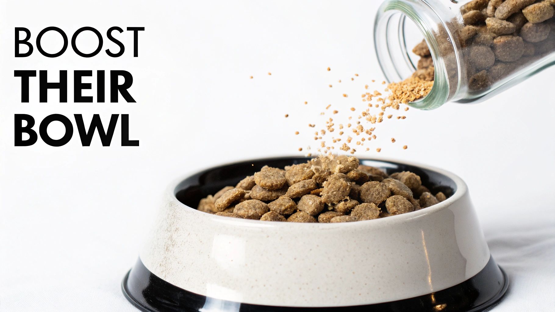 A dog bowl filled with kibble as a food topper is poured from a jar, with text "BOOST THEIR BOWL".