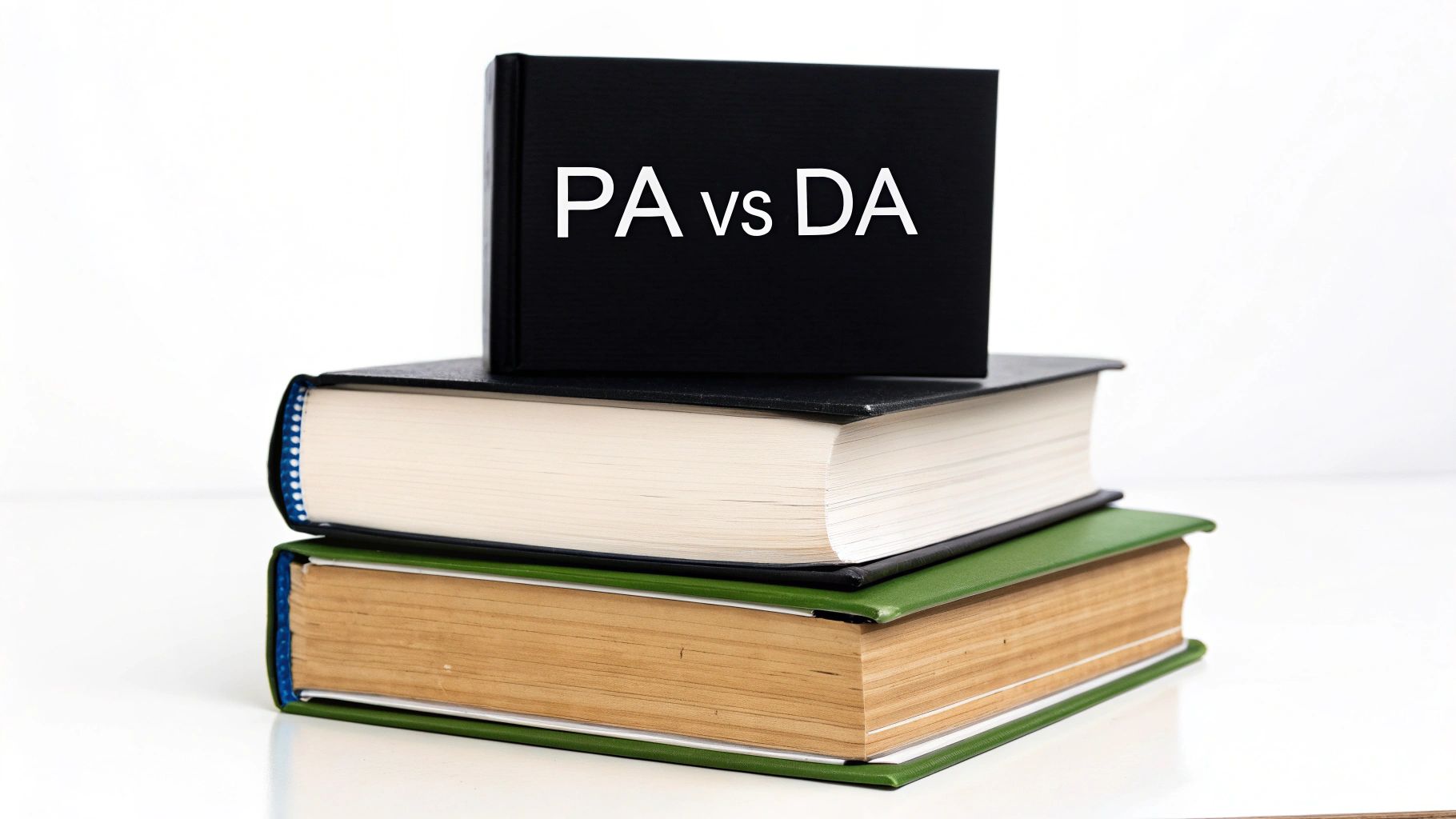 Three stacked books on a white surface, with the top black book displaying 'PA vs DA' to explain the difference.
