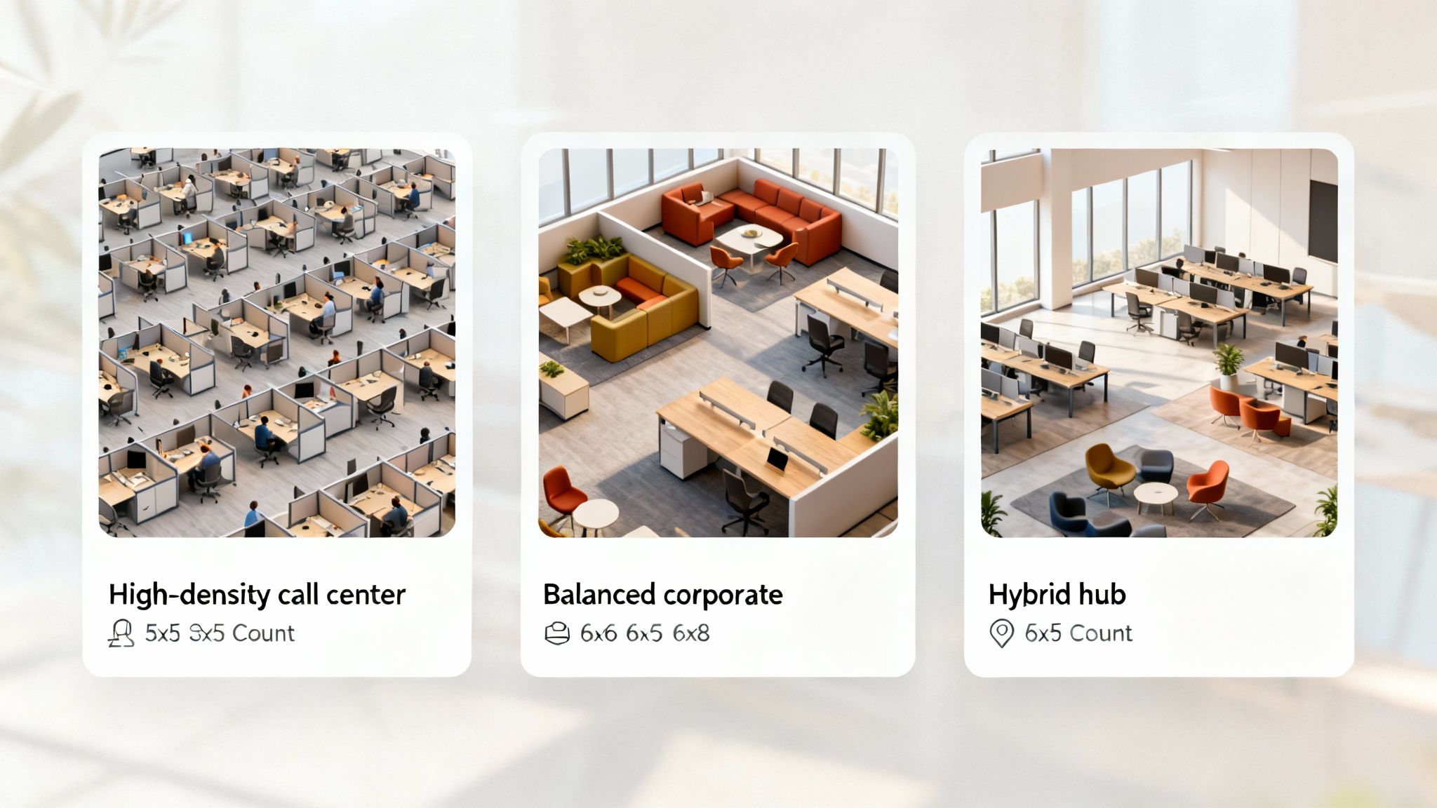 Three different office layouts comparing a high-density call center, a balanced corporate space, and a flexible hybrid hub.