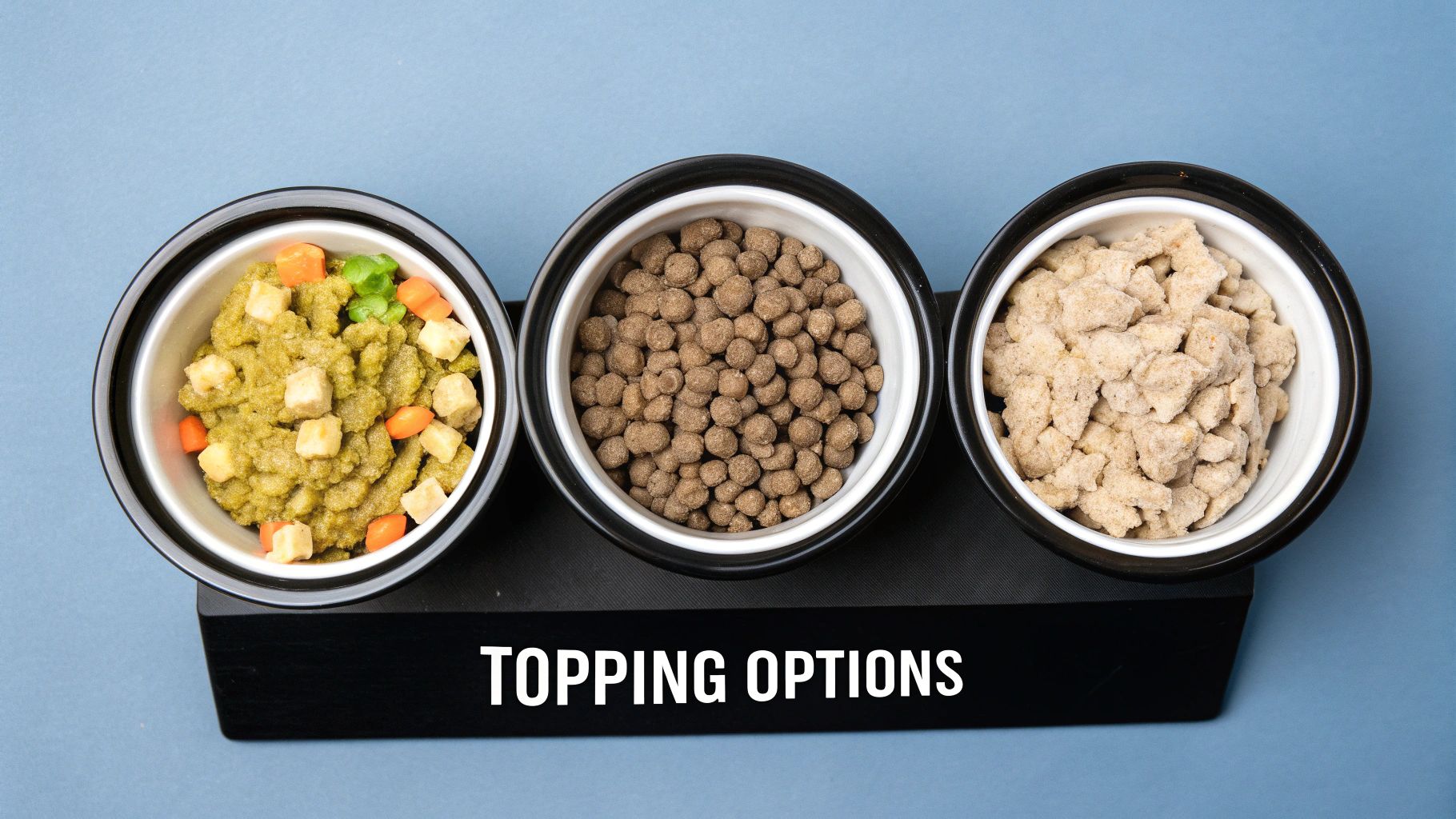 A happy dog looking up from its food bowl, which is sprinkled with a nutritious topper.