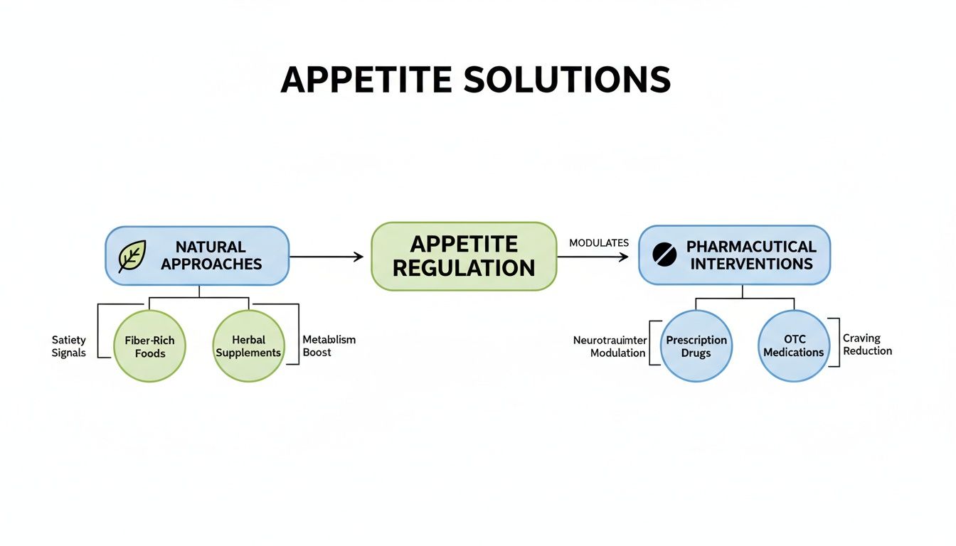 A flowchart showing natural and pharmaceutical appetite solutions. Natural options include foods like organ meats, broth, and pumpkin. Pharmaceutical options list medications like Capromorelin.