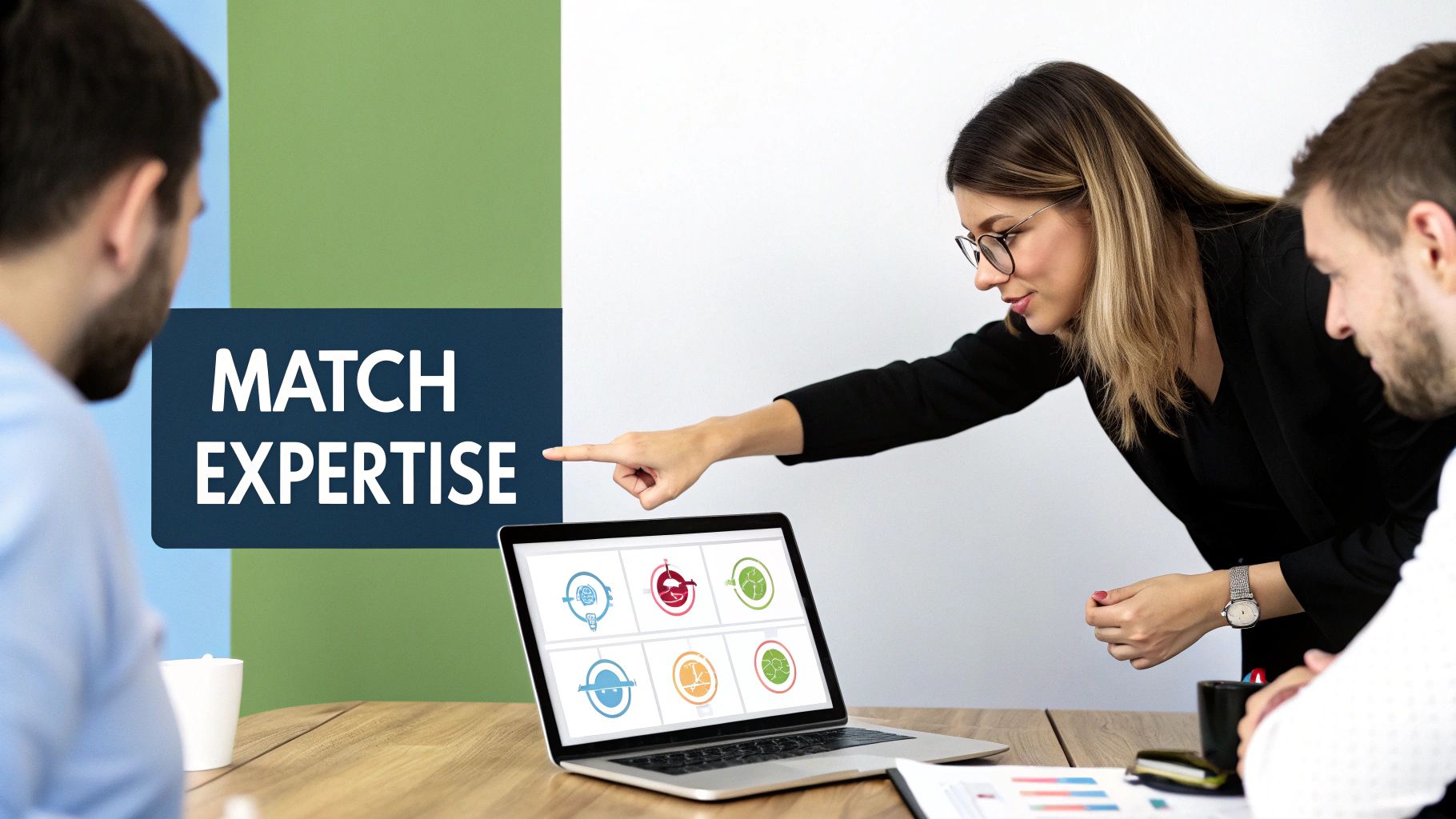 A team in a meeting discussing how to choose a digital marketing agency by matching expertise, pointing at icons on a laptop.