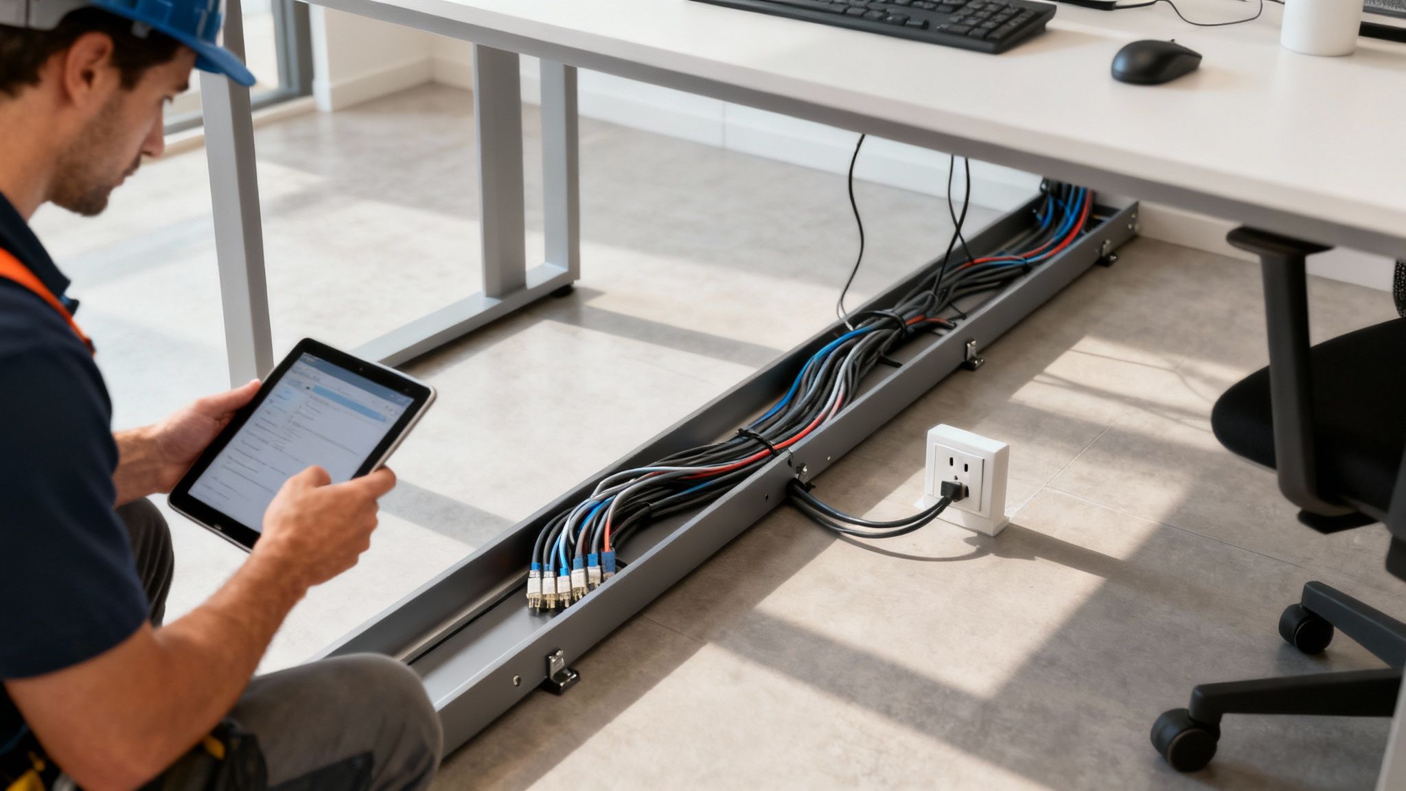 A clean office workspace after professional installation with integrated power and data ports visible on the desks, showcasing effective cable management.