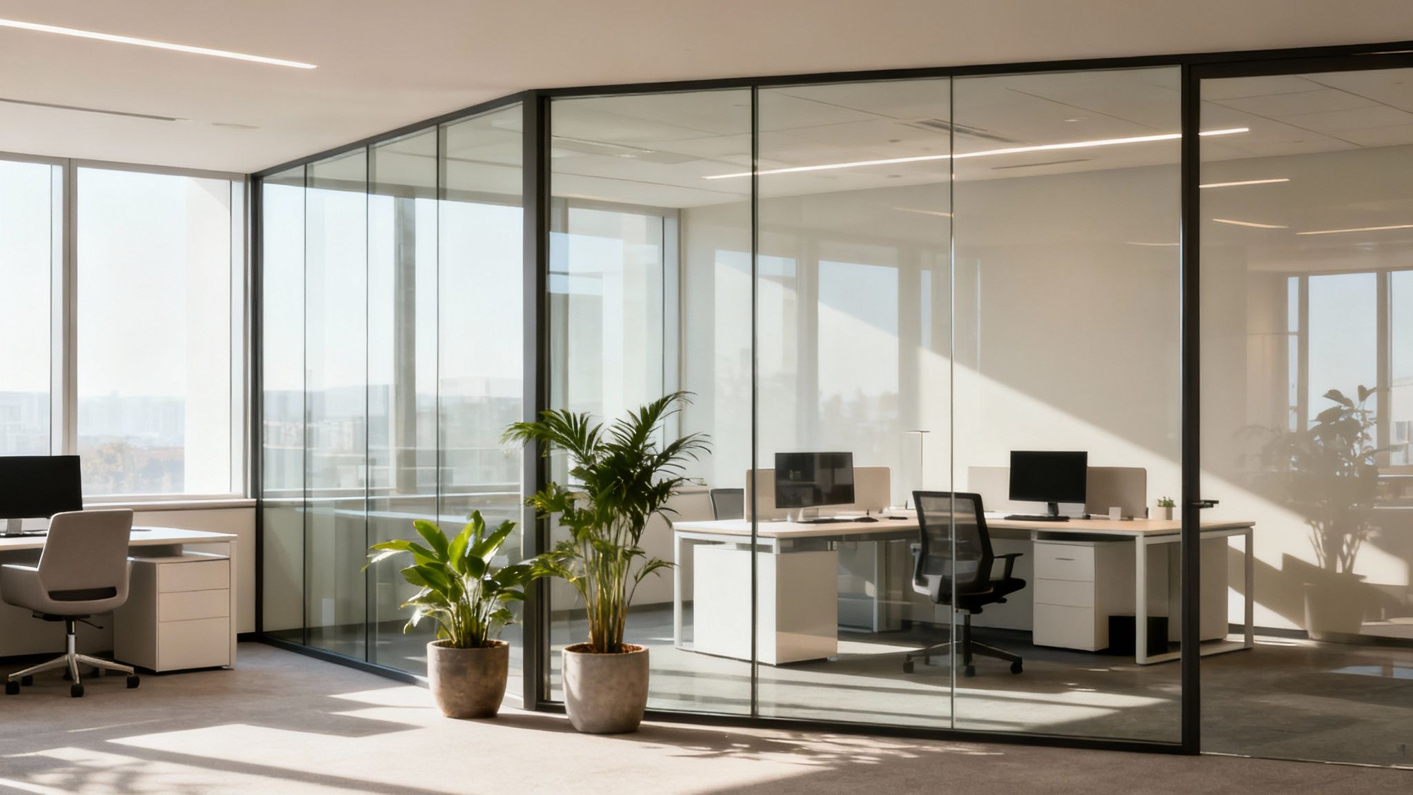 Modern office interior with glass partition walls for office, desks with computers, and plants enhancing the bright atmosphere.