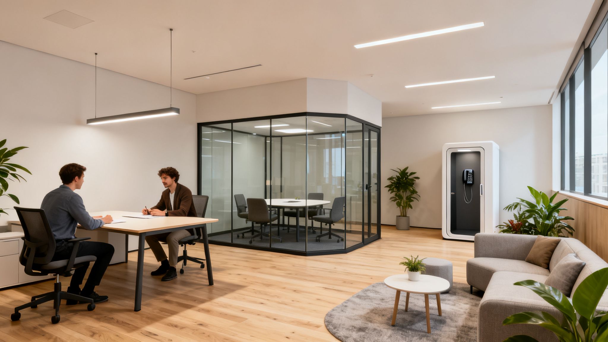 A modern small office layout idea featuring an open-plan design with designated zones for collaboration and focused work.