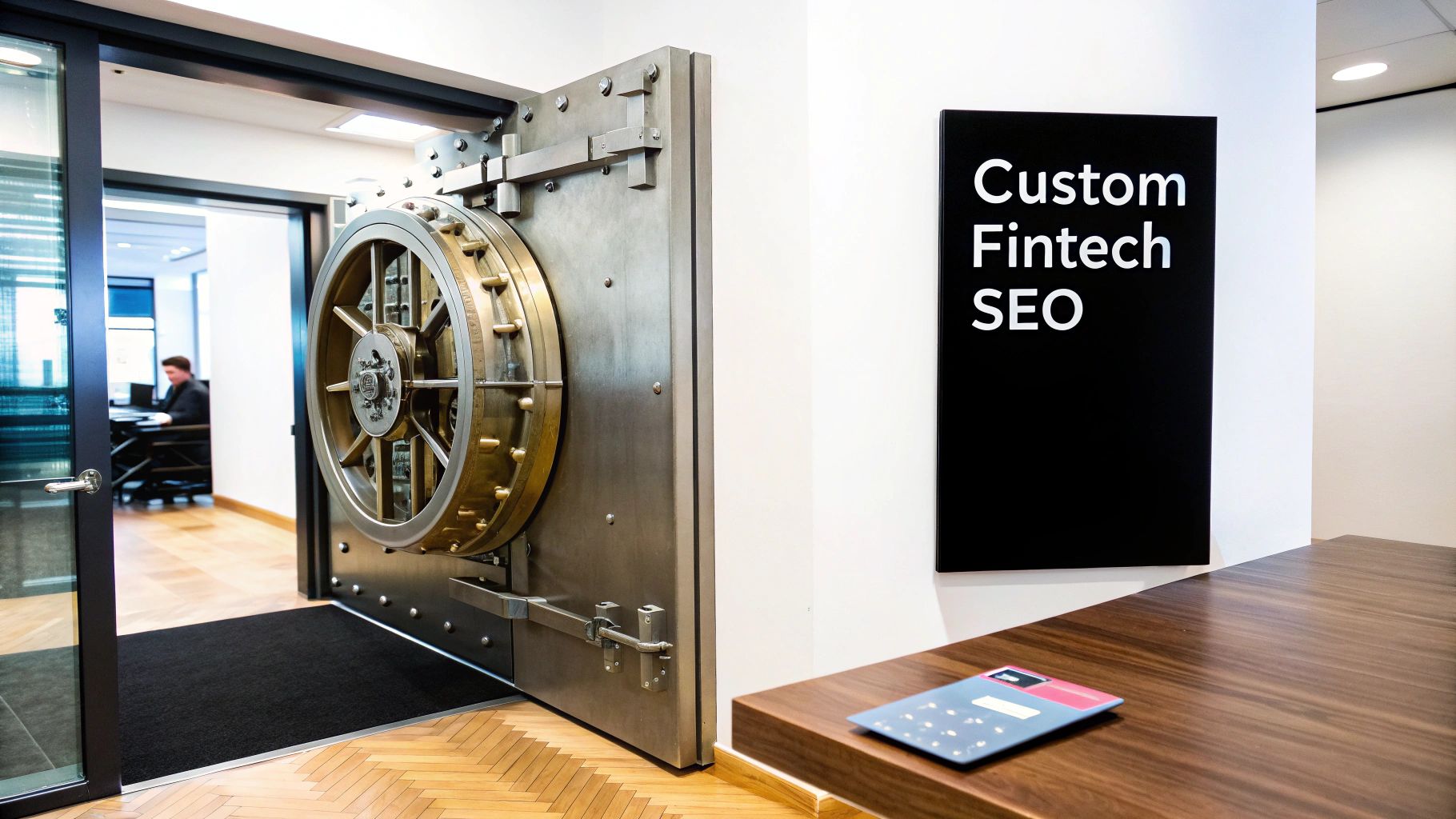 An ornate bank vault door open to an office, with a 'Custom Fintech SEO' sign. Alt text: An ornate bank vault door open to an office, representing specialized SEO services for fintech companies.