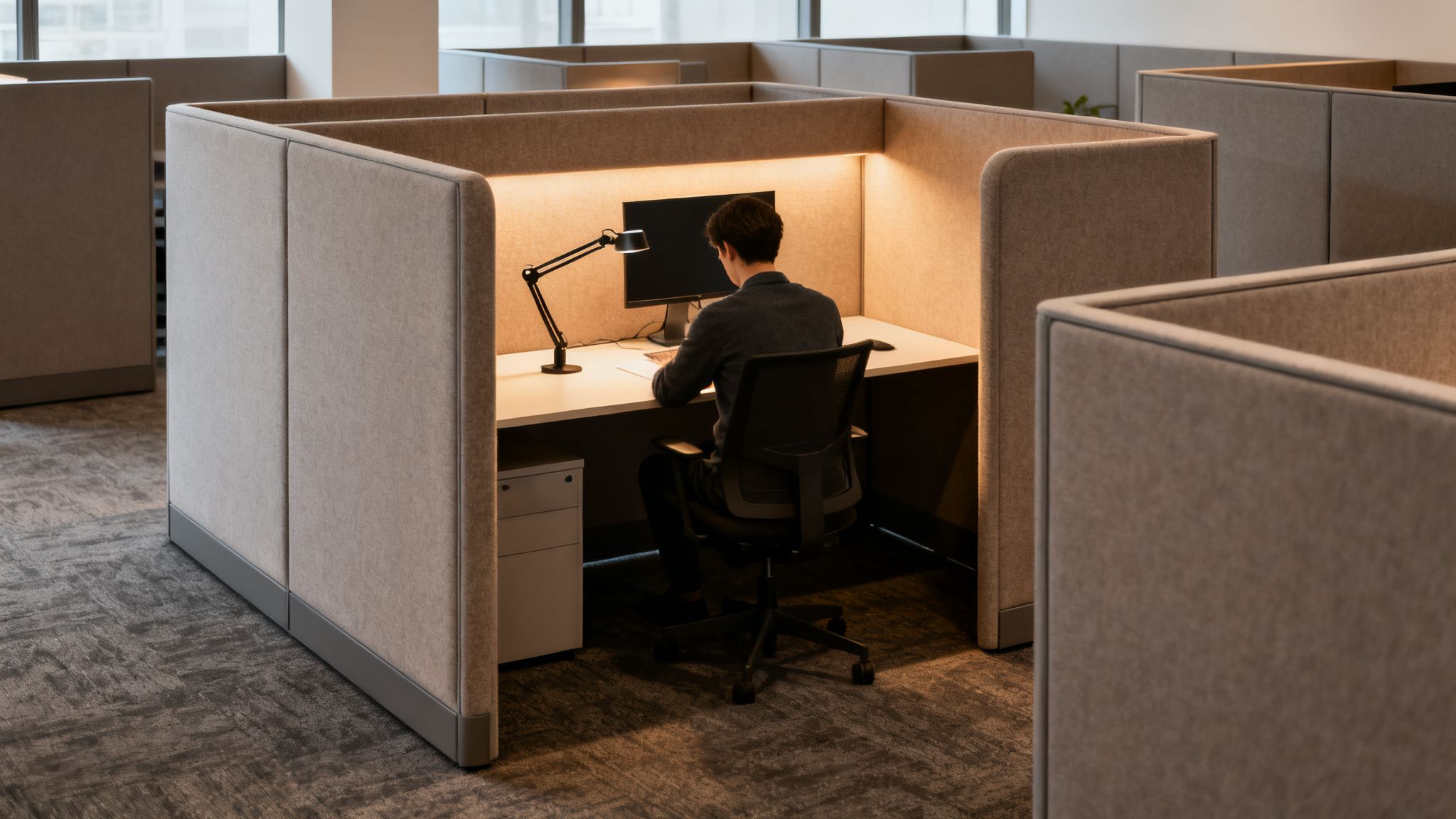 A person works at a computer in a modern, private office cubicle with warm lighting.