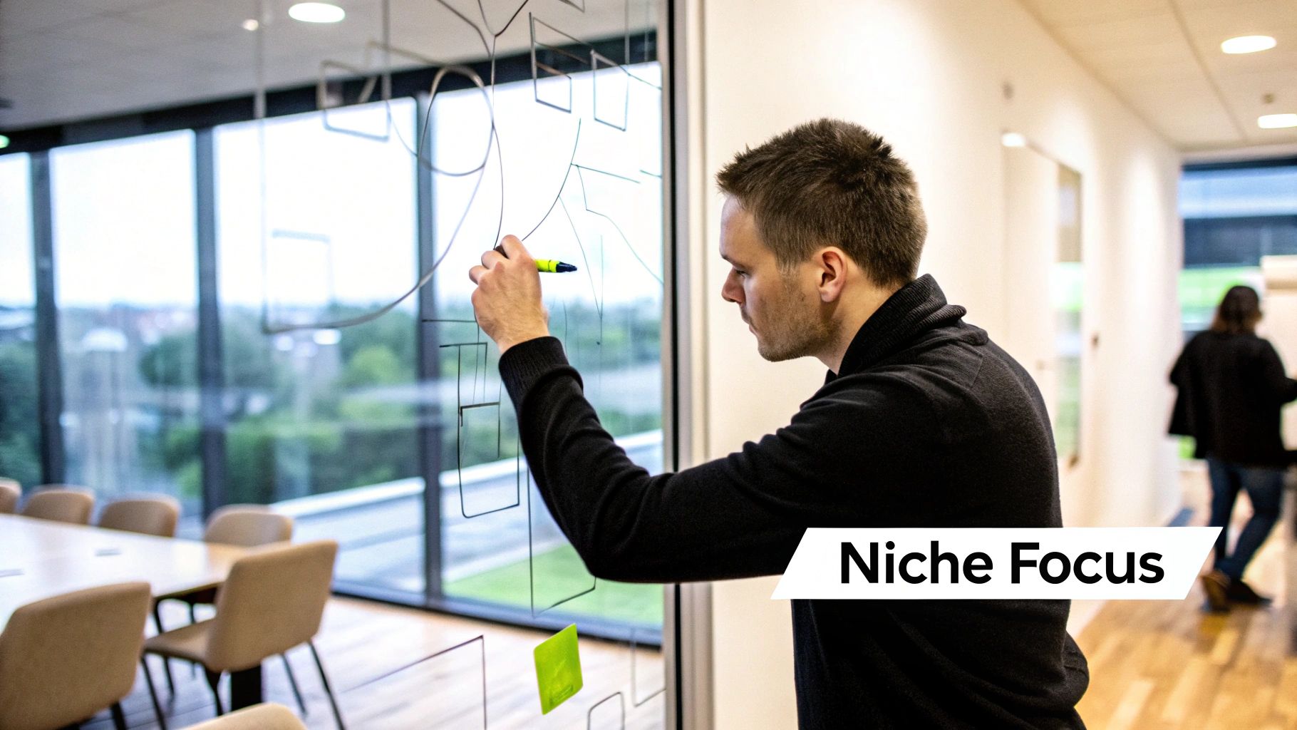 A focused man sketches a marketing strategy for executive search firms flowchart on a glass partition in a modern office.