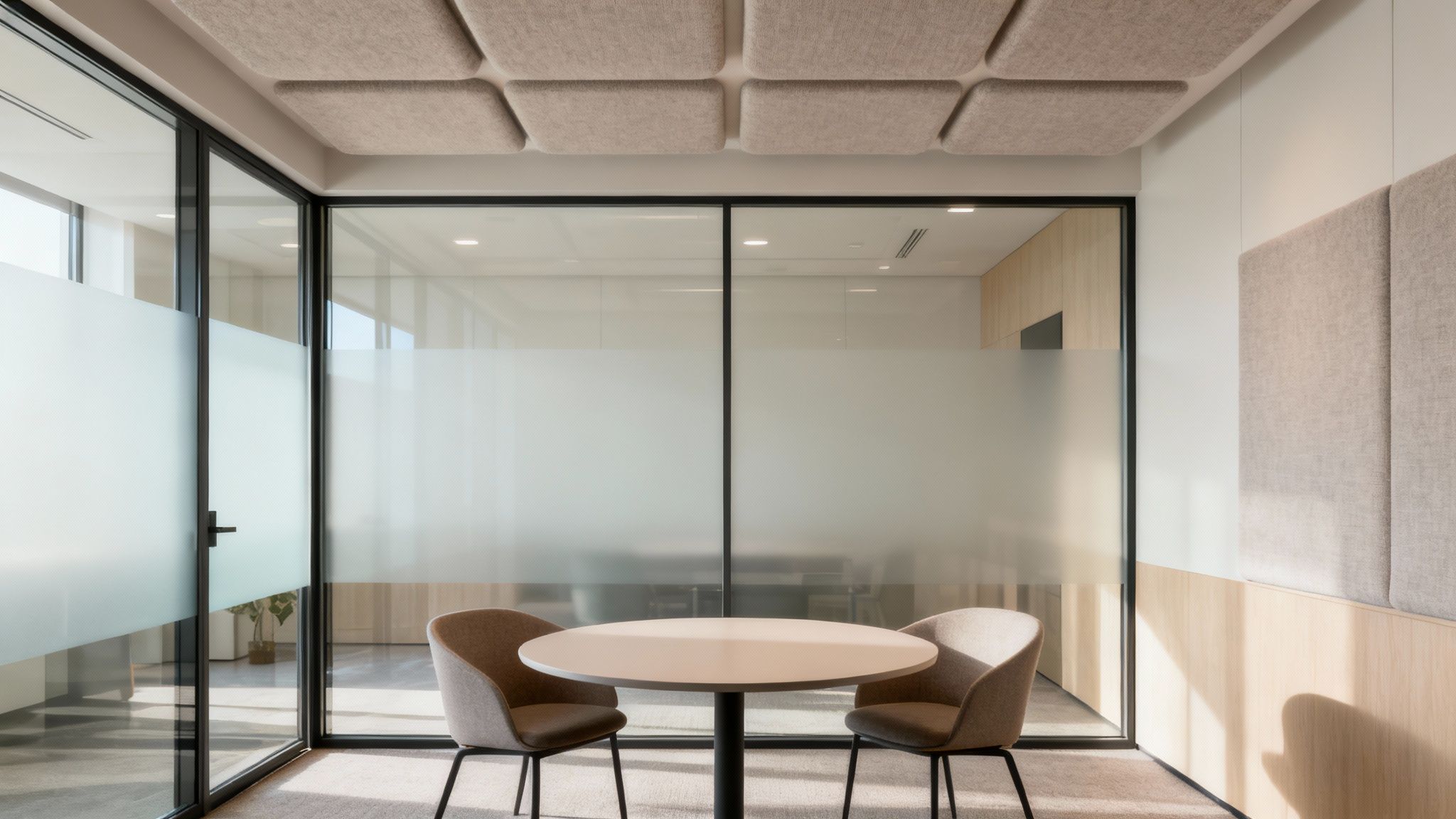A modern office with frosted glass partition walls creating a private meeting space while still allowing light to filter through.