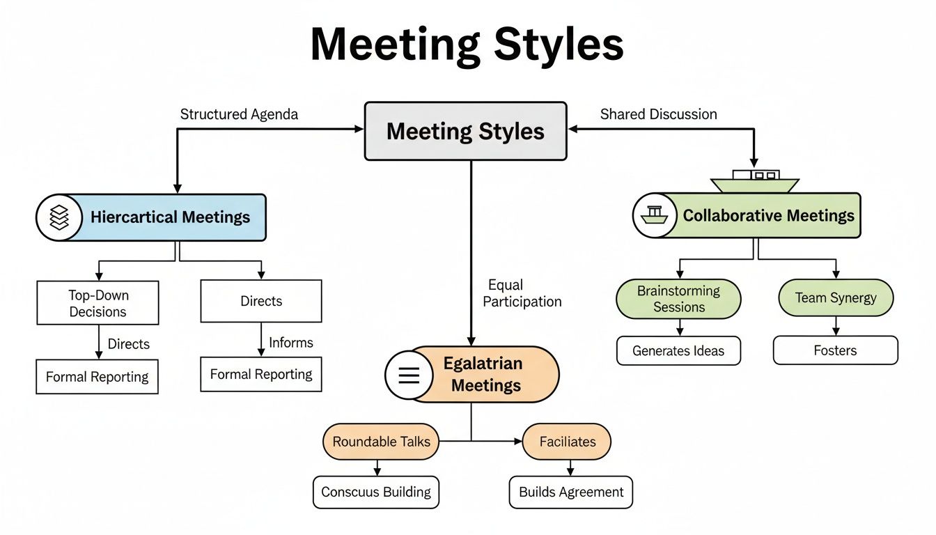 A flowchart diagram explaining three meeting styles: Hierarchical, Egalitarian, and Collaborative, detailing their processes and outcomes.
