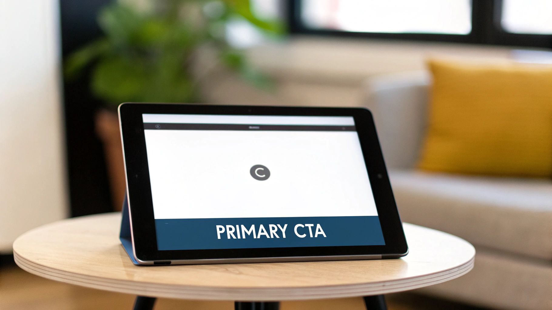 An iPad displaying a prominent 'PRIMARY CTA' button on a clean white screen, resting on a round wooden table, a prime example of landing page design best practices for call to action buttons.