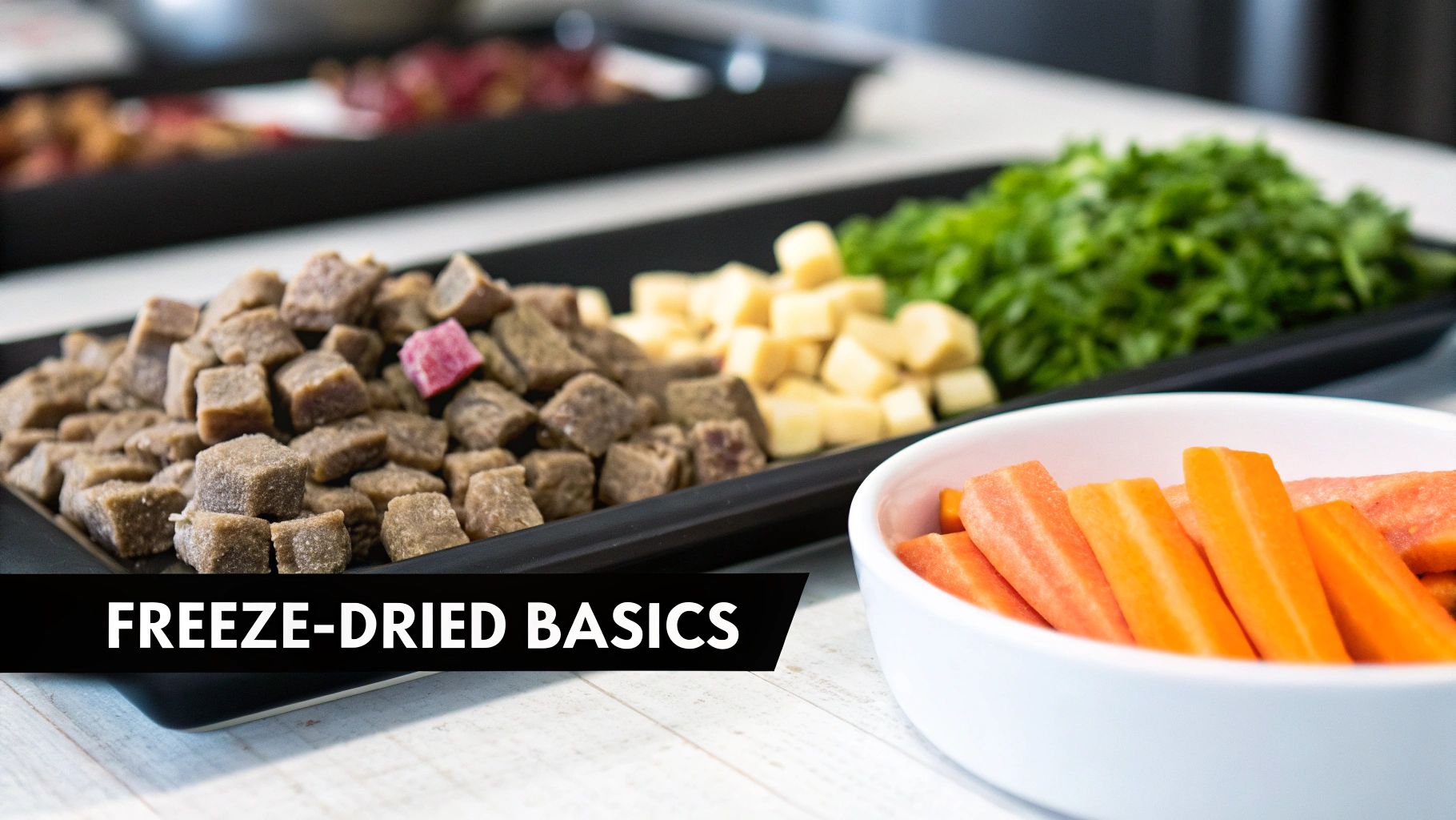 Various freeze-dried foods like meat cubes, cheese, green herbs, and fresh carrots on display for pets.