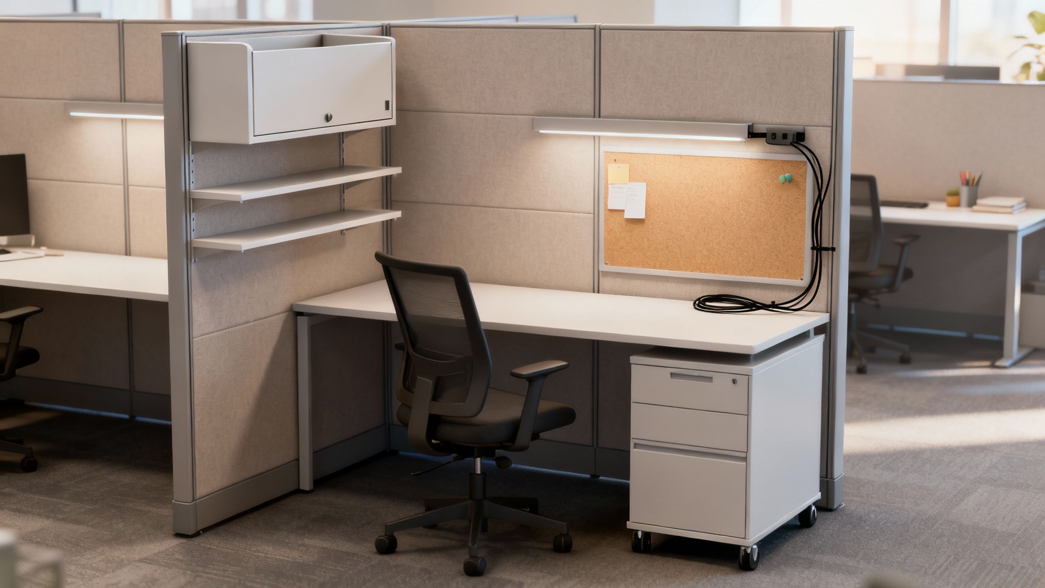 An ergonomic office cubicle design featuring integrated overhead bins and mobile pedestal storage for maximum space efficiency.