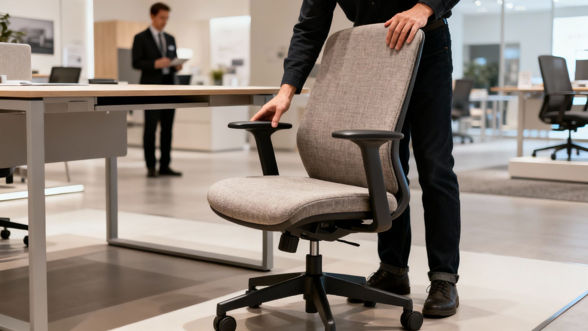 Person adjusting a modern grey office chair next to a desk in a furniture showroom.