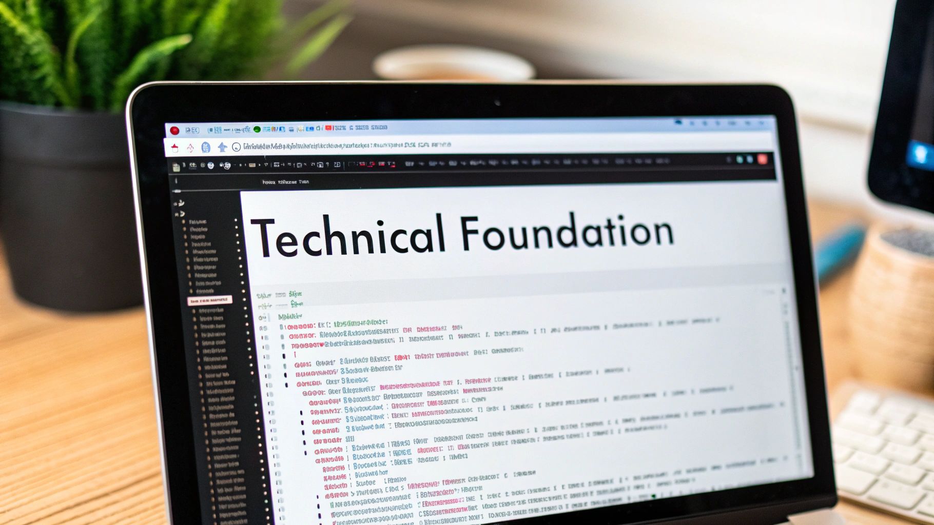 A close-up of a laptop screen displaying a document titled 'Technical Foundation' with code, for an AI crawlability audit.