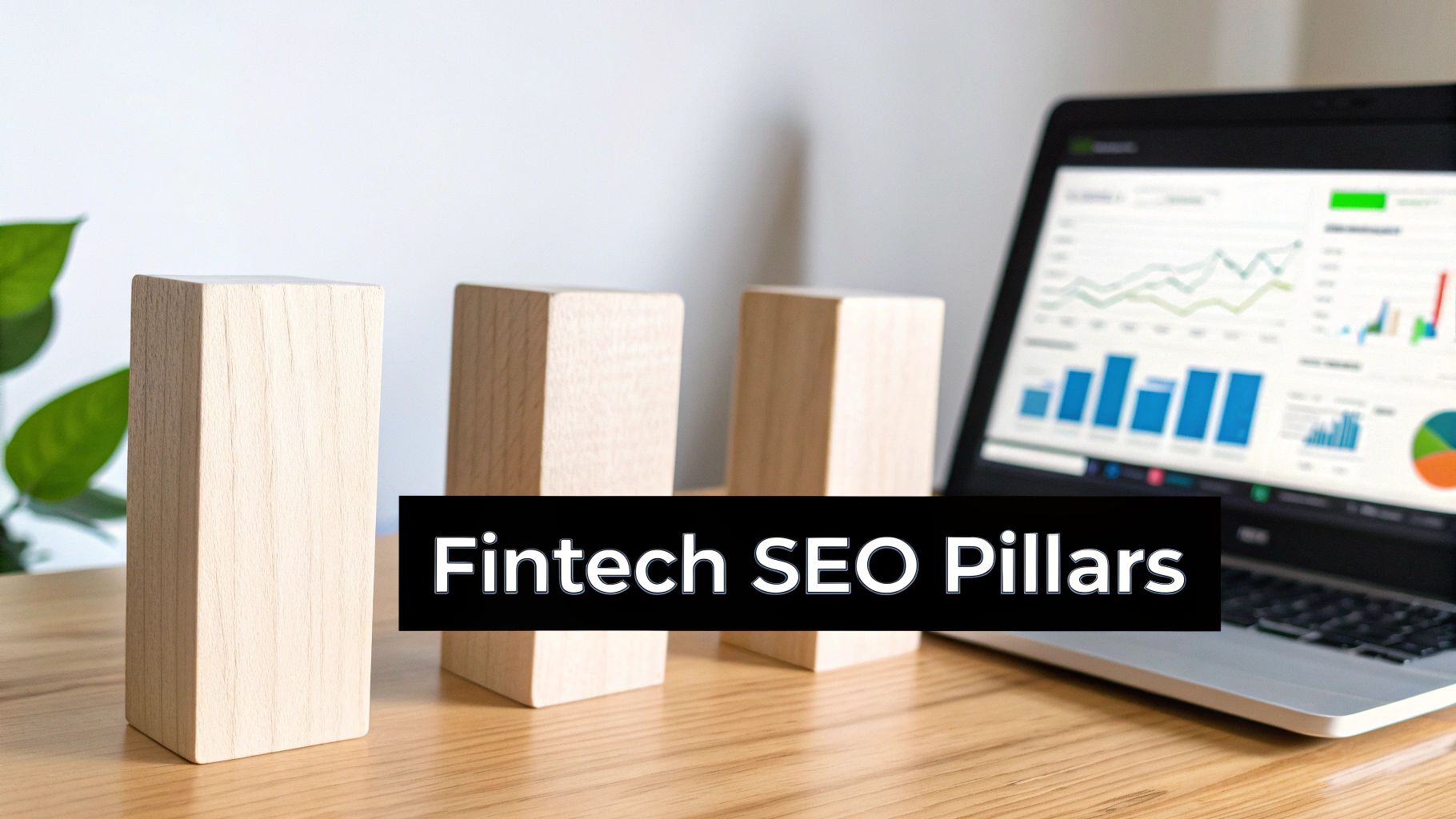 Three wooden blocks on a desk with a laptop displaying data, representing Fintech SEO Pillars. Alt text: Three wooden blocks representing the core pillars of SEO services for fintech companies.