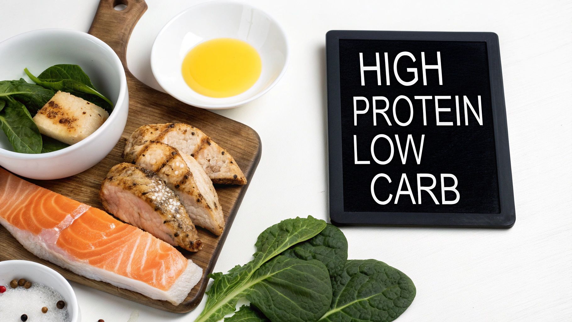 High protein, low carb ingredients like salmon, grilled chicken, and spinach arranged neatly, representing a healthy meal enhancement.