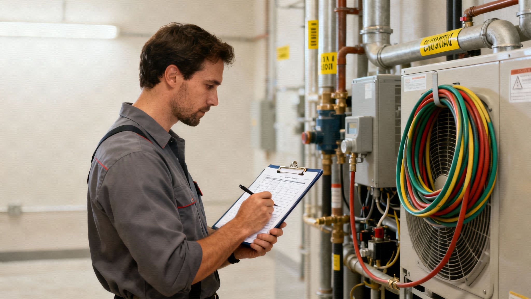A maintenance worker performing a preventive check on industrial equipment, demonstrating facilities management best practices.