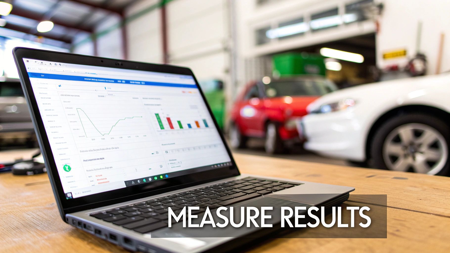 Laptop displaying performance graphs for local SEO services for auto repair shops.