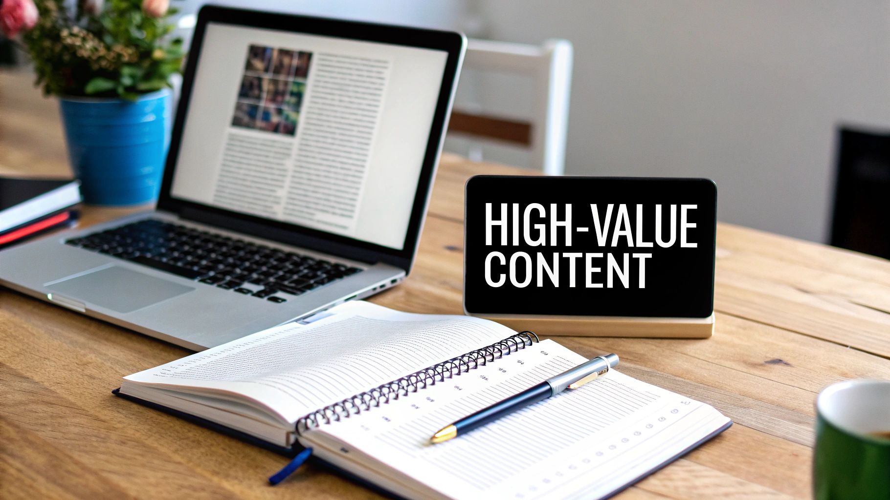 A person working on a laptop with SEO optimization icons floating around them to improve Google ranking.