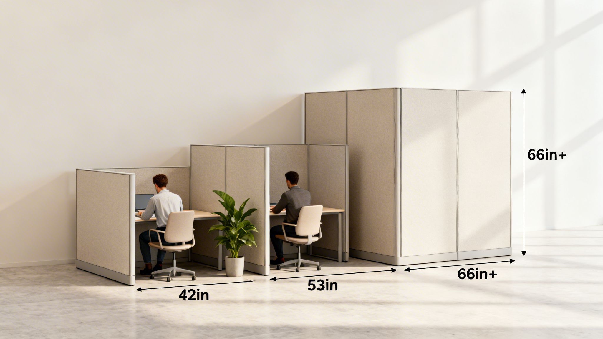 Three modern office cubicles of varying sizes, with dimension labels, showing two men working inside them.