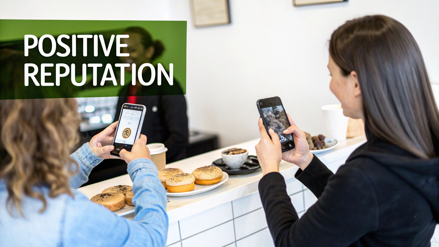 A group of happy customers sharing their positive experiences on social media, creating a powerful wave of user-generated content for reputation management on social media.