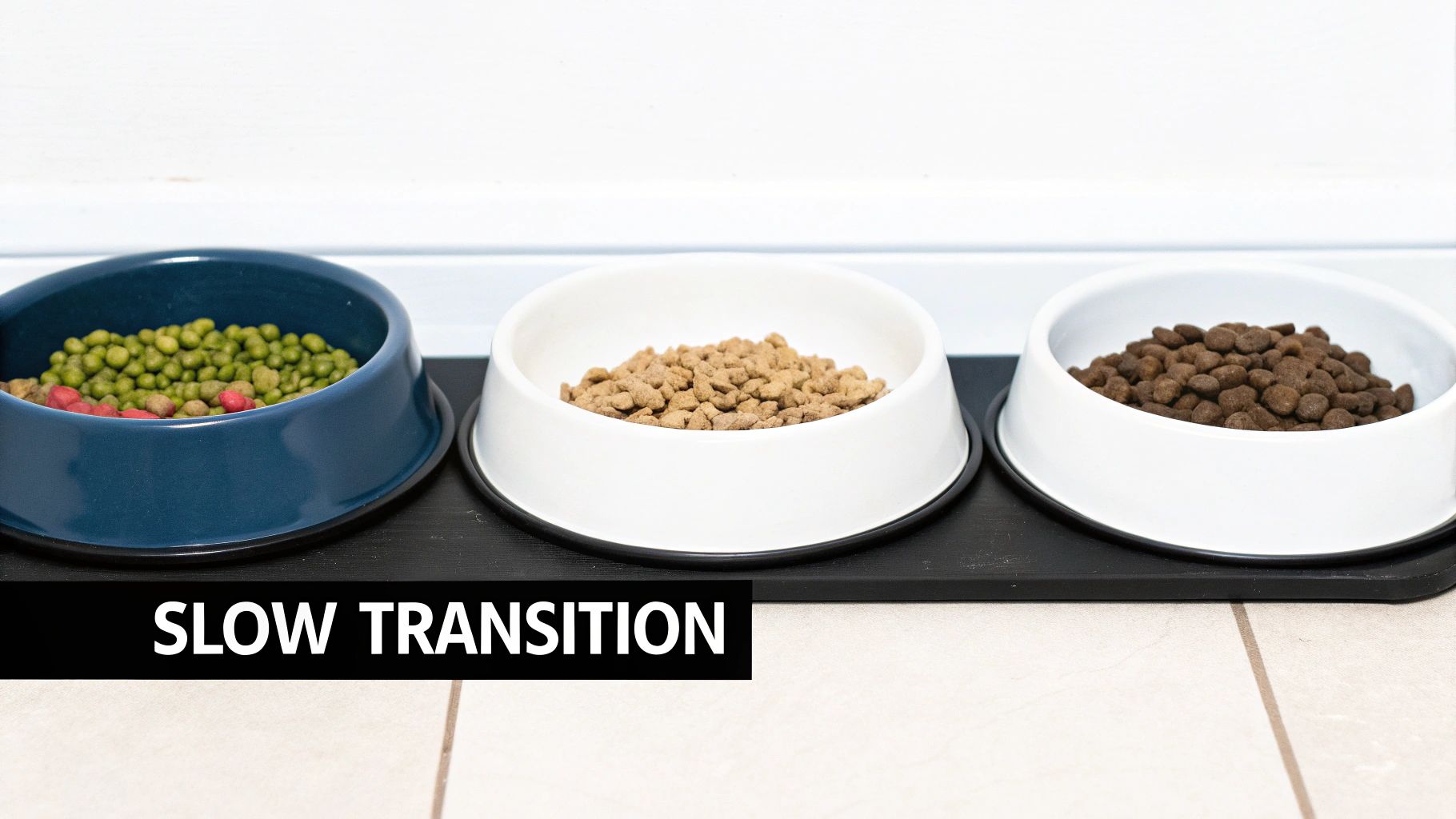 Three dog bowls on a mat illustrating a slow transition of pet food varieties.