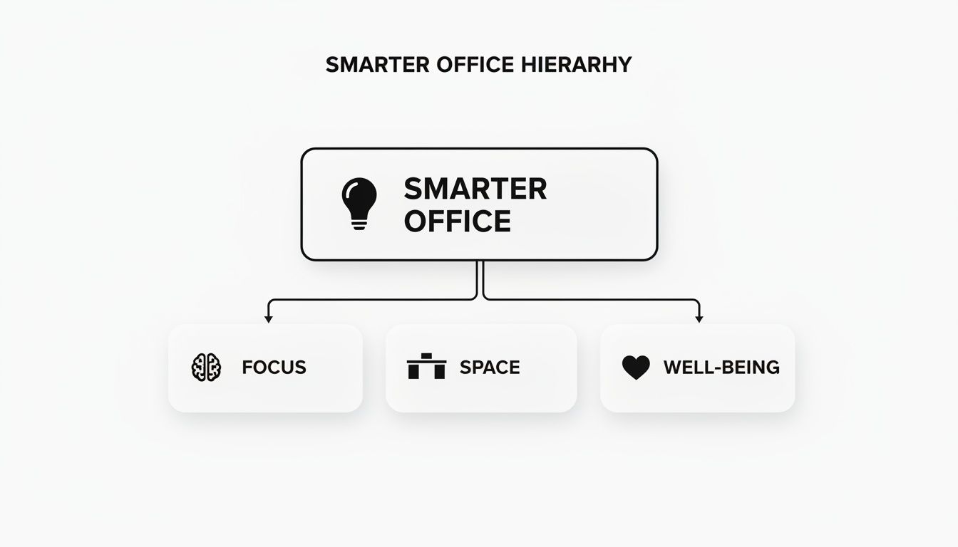 Hierarchical diagram illustrating the smarter office concept, breaking it down into focus, space, and well-being components.