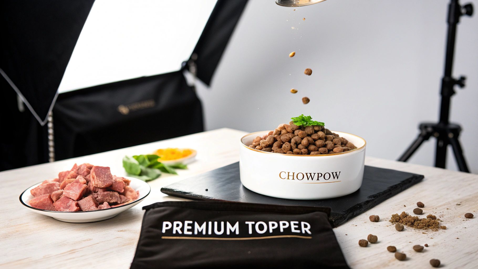 A professional shot of CHOWPOW pet food with kibble being poured, fresh meat chunks, and a 'PREMIUM TOPPER' bag.