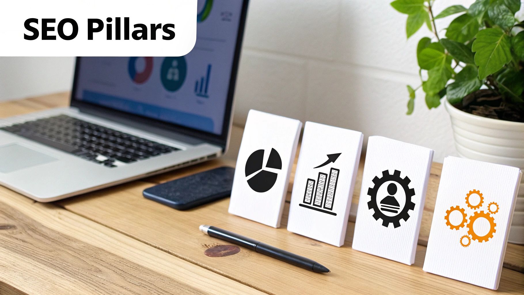 Laptop, smartphone, and cards on a desk illustrating how SEO agencies work with pillars like analytics, growth, and strategy.