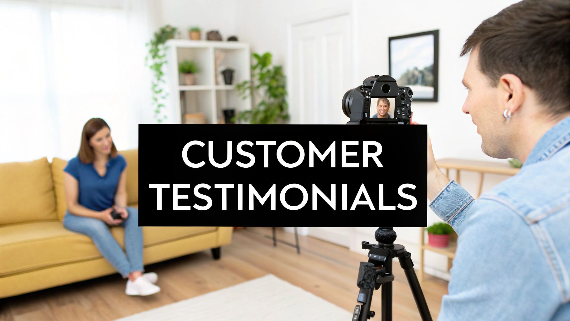 A customer giving a video testimonial for an HVAC company.